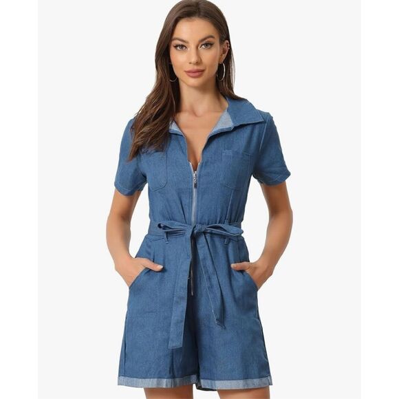 NEW Denim Romper Zip Up Casual Jumpsuit Pockets 3X NO BELT - Picture 1 of 5